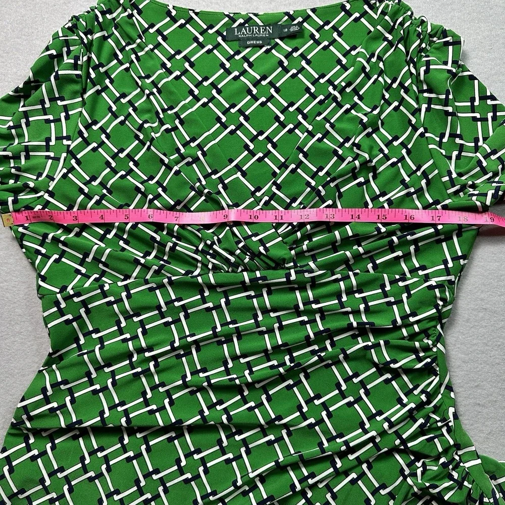 Lauren Ralph Lauren Ruched Sheath Dress Green Geometric Chain Print Womens 12